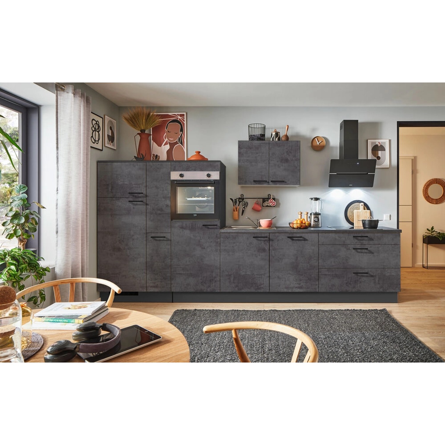 pino Küchenzeile 370cm Beton Grafitgrau Anschlag L 1 Geräte-, 1 Apothekersc günstig online kaufen