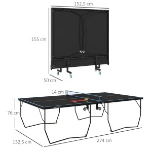 Schwarze SPORTNOW Tischtennisplatte aus MDF und Stahl, zusammengeklappt und aufgebaut mit Maßen.