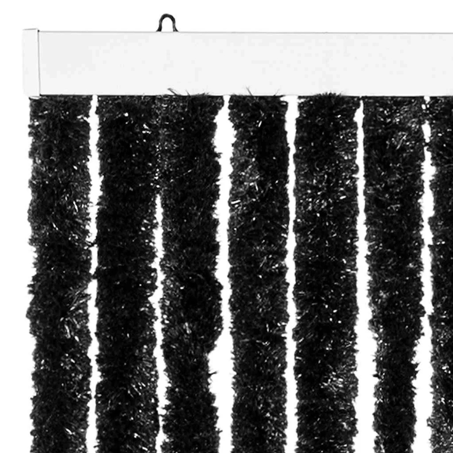 Anthrazitfarbener vidaXL Insektenschutz-Vorhang aus Chenille mit dichten Strängen und weißer Aufhängeschiene.
