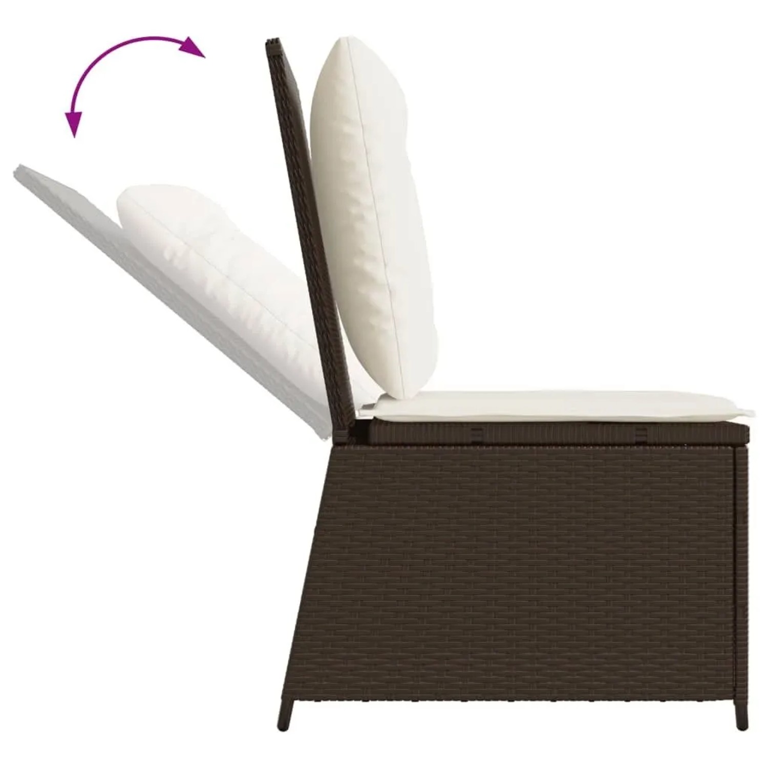 Brauner vidaXL Gartensessel mit Liegefunktion, Polyrattan und Kissen.