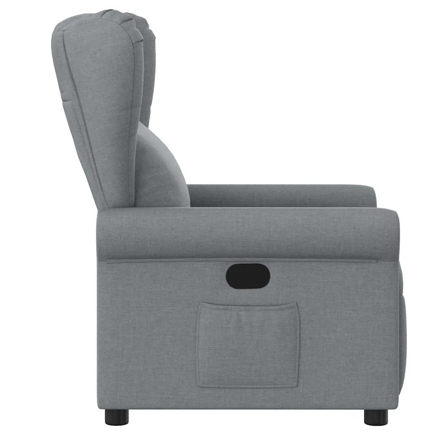 Hellgrauer Relaxsessel aus Stoff mit Seitentasche, geeignet zum Loungen und Entspannen.