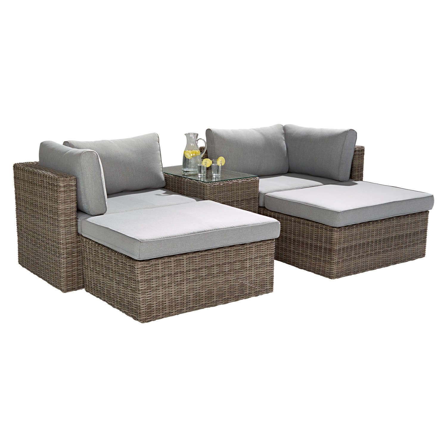 5-teiliges Lounge-Set Olea aus Polyrattan in Sand mit grauen Kissen. Gartenmöbel für entspannte Stunden.