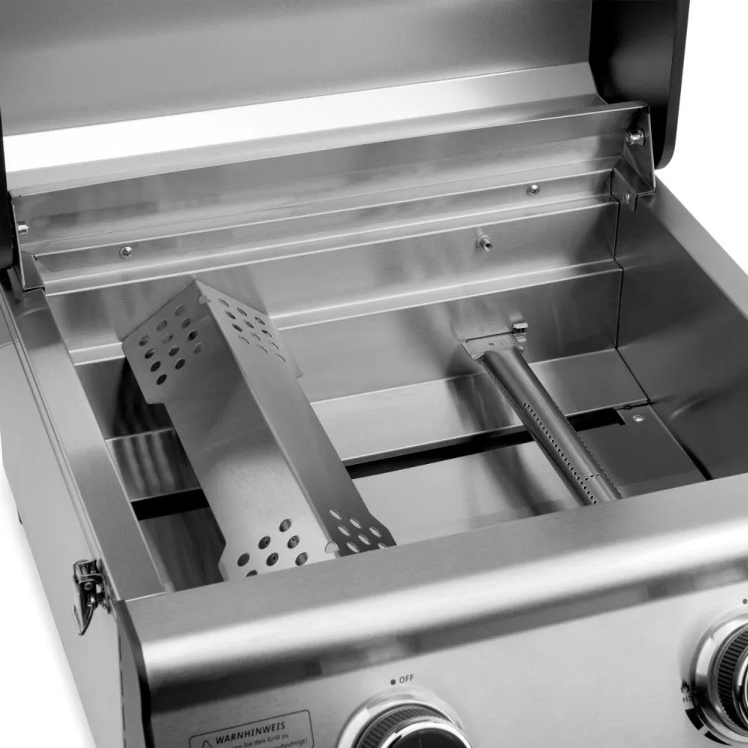 Taino Platinum Compact Gasgrill aus Edelstahl, offen, mit 2 Brennern und Hitzeverteiler. Ideal als Tischgrill.