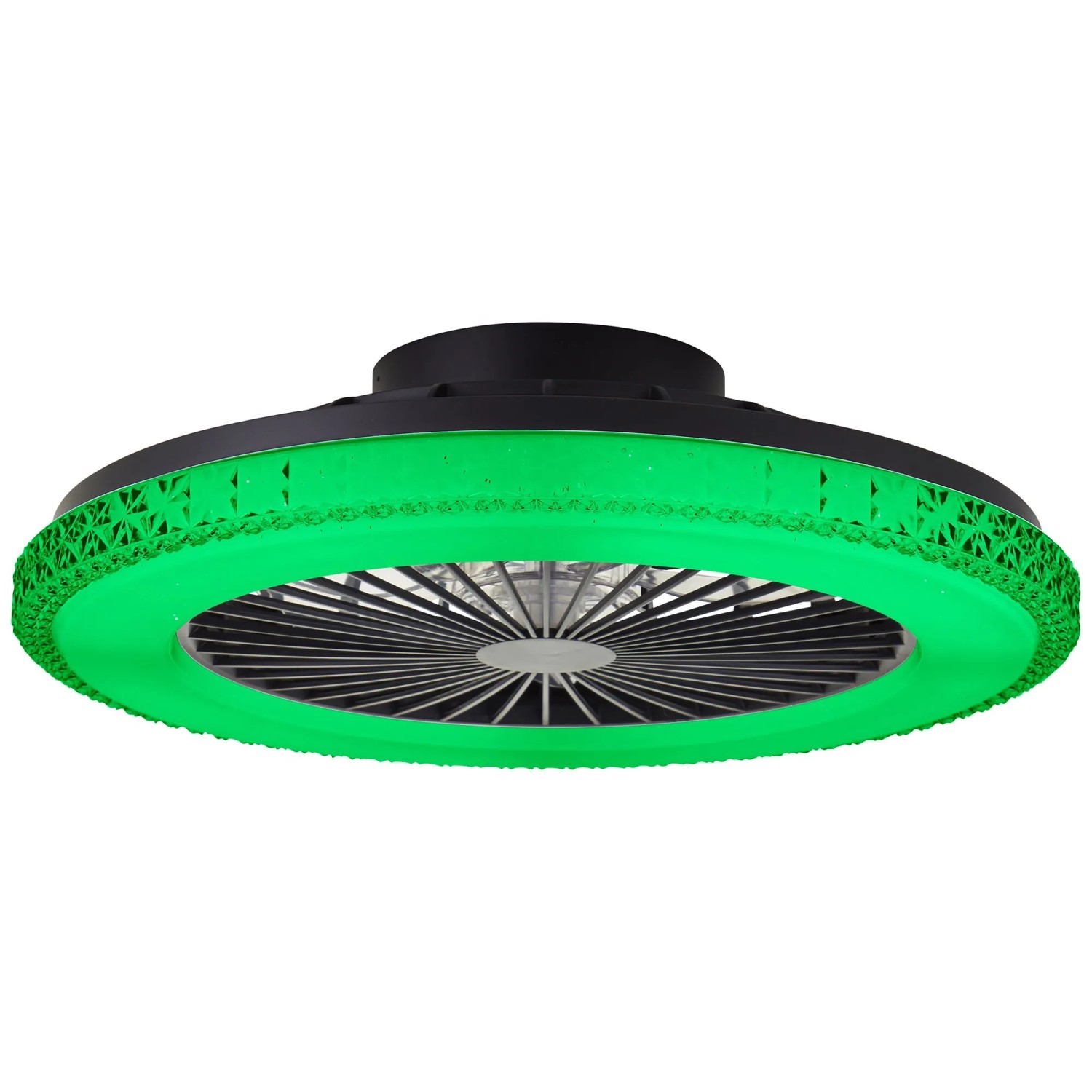 Schwarze LED-Deckenleuchte Badria mit Ventilator und grüner Kristalloptik, Ø 49 cm.