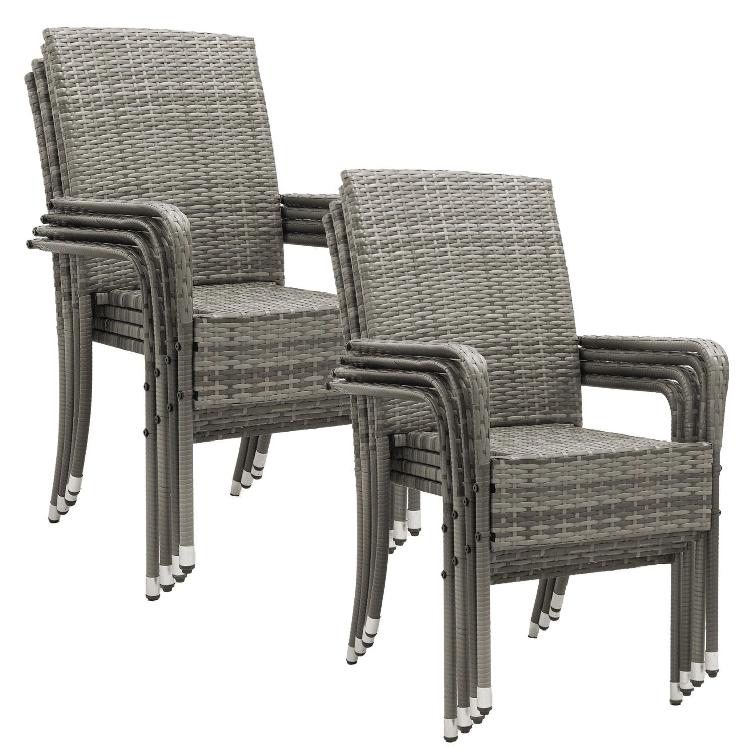 Juskys Polyrattan Gartenstühle Yoro 8er Set Stapelbar mit Armlehnen Grau Meliert