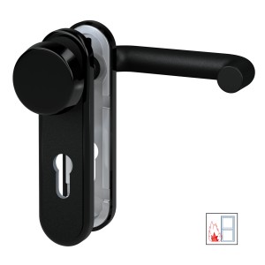 Basi Feuer-Schutzbeschlag, Kurzschild rund, Kunststoff schwarz. Türbeschlag für Feuerschutztüren.