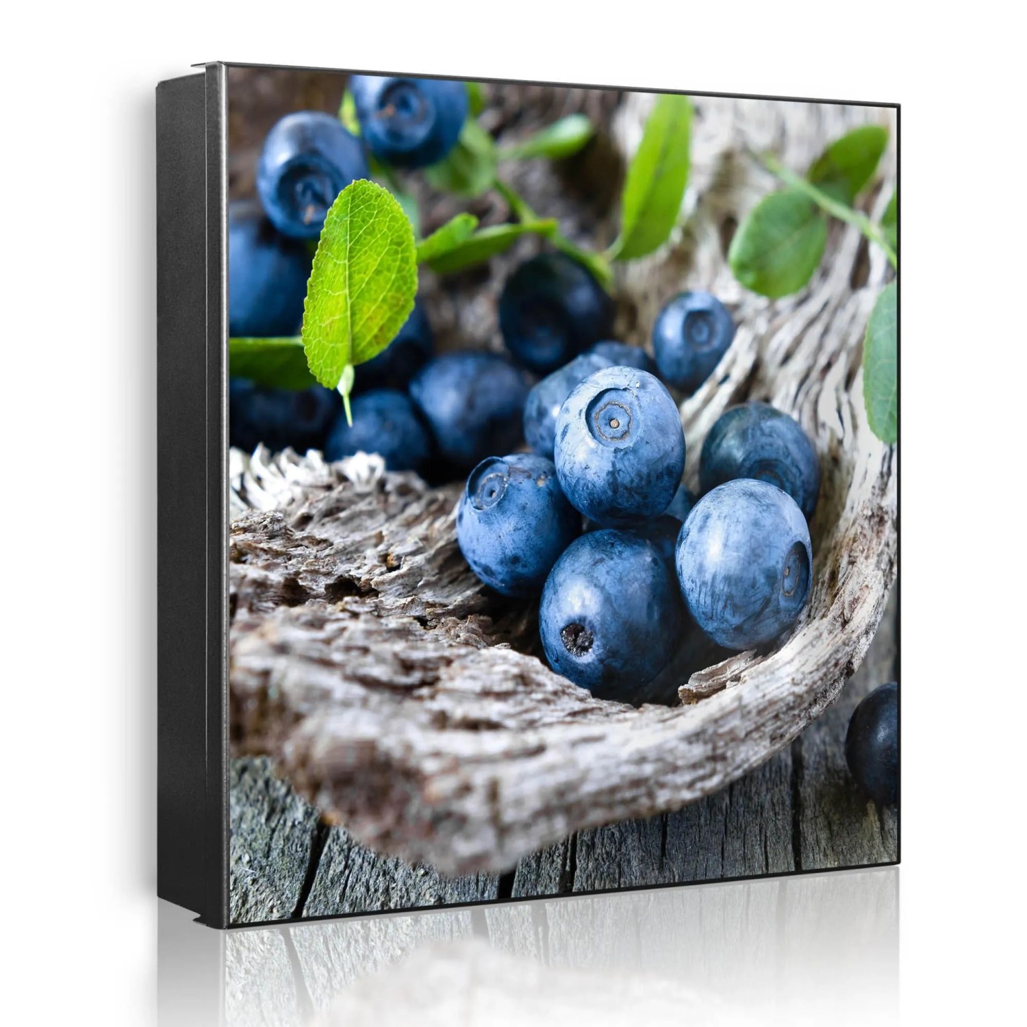 Banjado Großer Schlüsselkasten Metall 30x30cm Schwarz Scharnier Rechts 32 Haken Beschreibbar Magnetisch Motiv Blaubeeren