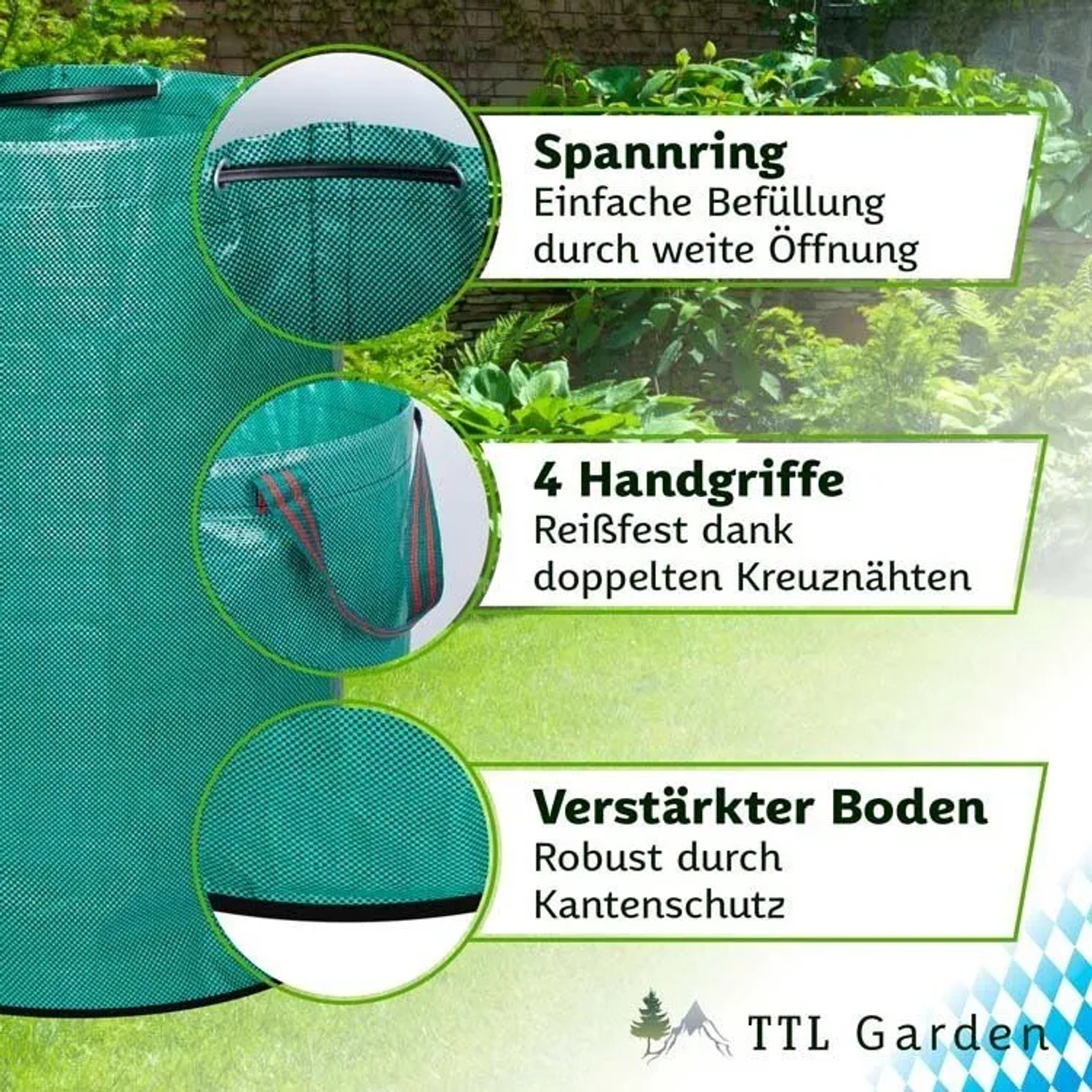 Grüner TTL GARDEN Gartensack 272 L mit Spannring, reißfesten Griffen und verstärktem Boden für Gartenabfall.