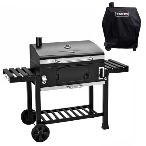 Taino Hero XXL Holzkohlegrill Smoker Set schwarz mit Deckel, Seitenablagen, Rädern und Schutzhaube.