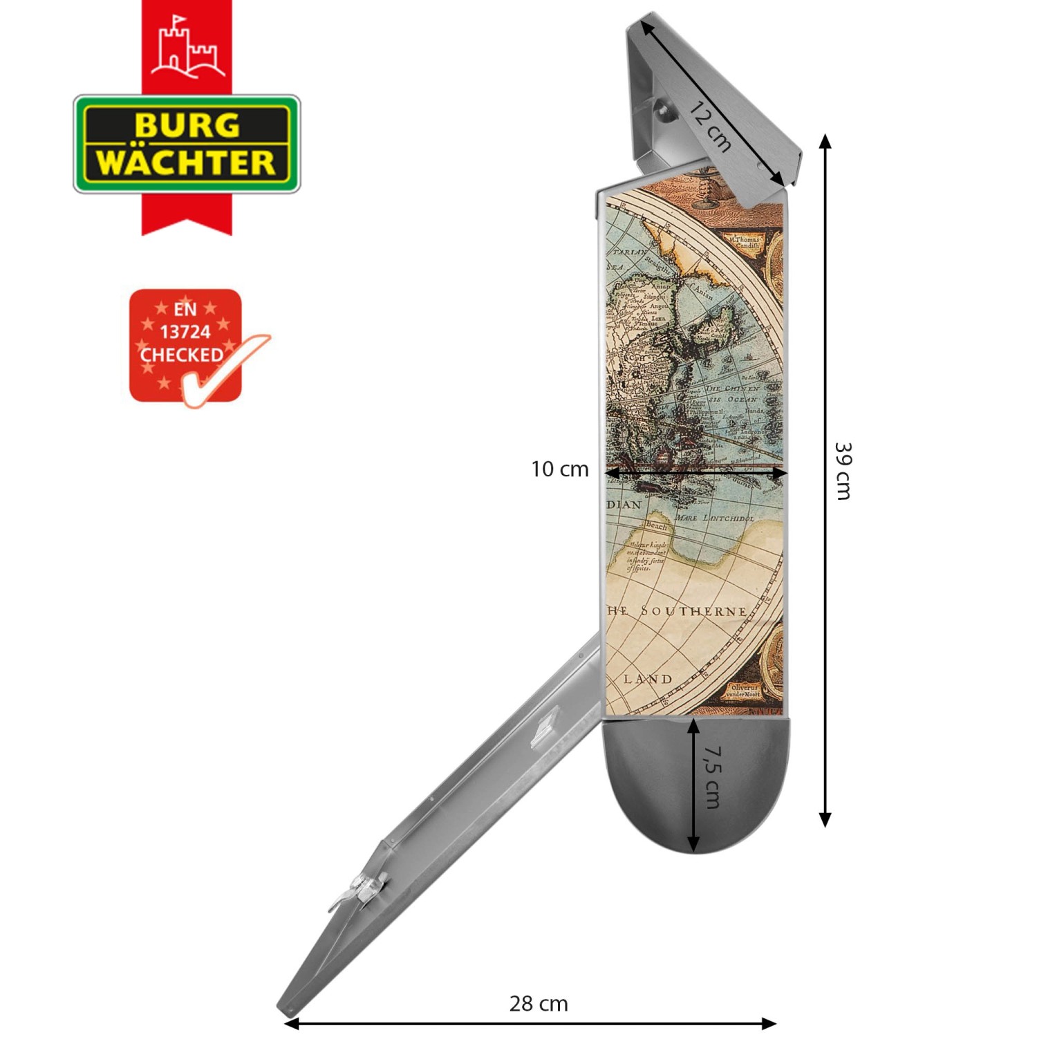Banjado Edelstahl Briefkasten mit Zeitungsfach, Motiv historische Weltkarte, 38x39x12cm.