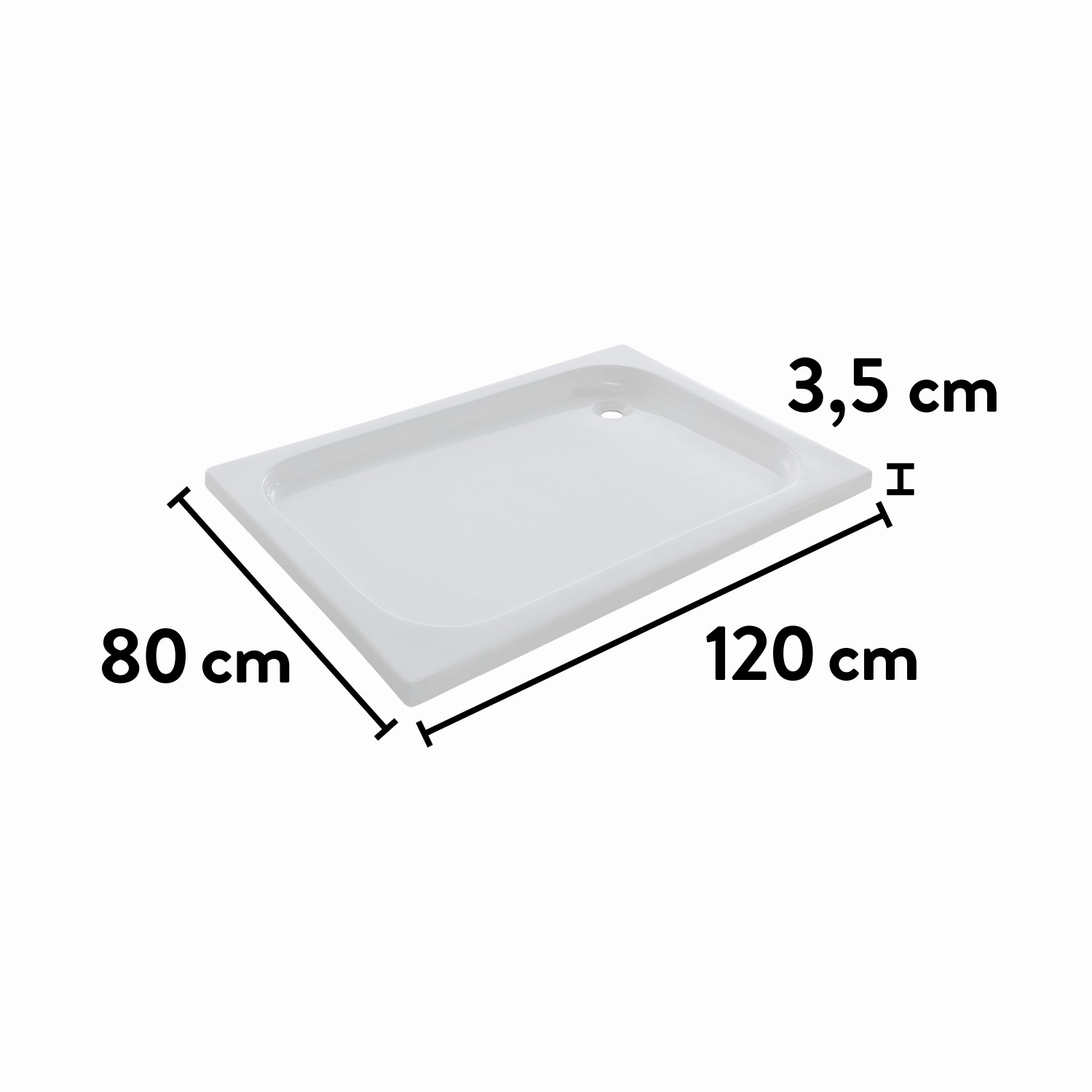Rechteckige, extraflache, weiße baliv Duschwanne DW-120.40E, 120x80 cm, mit Maßangaben.