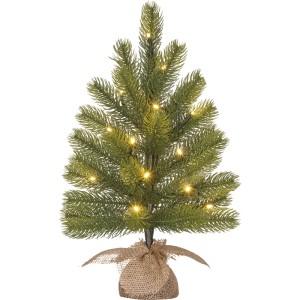 Grüne 45cm LED Kunsttanne Nagano mit warmweißen Lichtern und Jutesack-Basis. Ideal als Weihnachtsbaum.