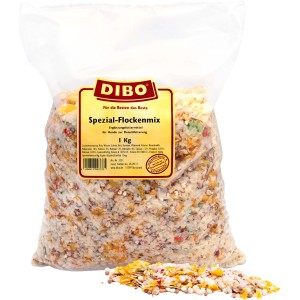 Dibo Spezial-Flockenmix 1kg für Hunde, Ergänzungsfutter mit Gemüse und Getreide im transparenten Beutel.