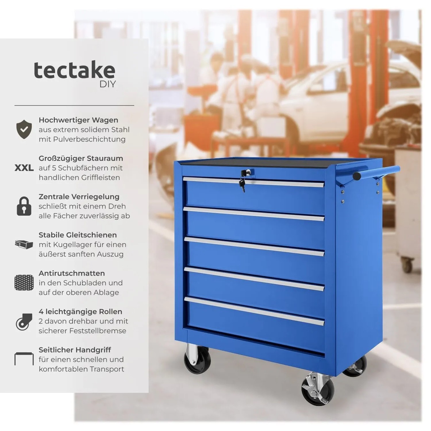 Tectake Werkzeugwagen  5 Kugelgelagerte Schubladen Mit Antirutschmatten Belastbarkeit 150 kg  69 x 33 x 79 cm Blau_2