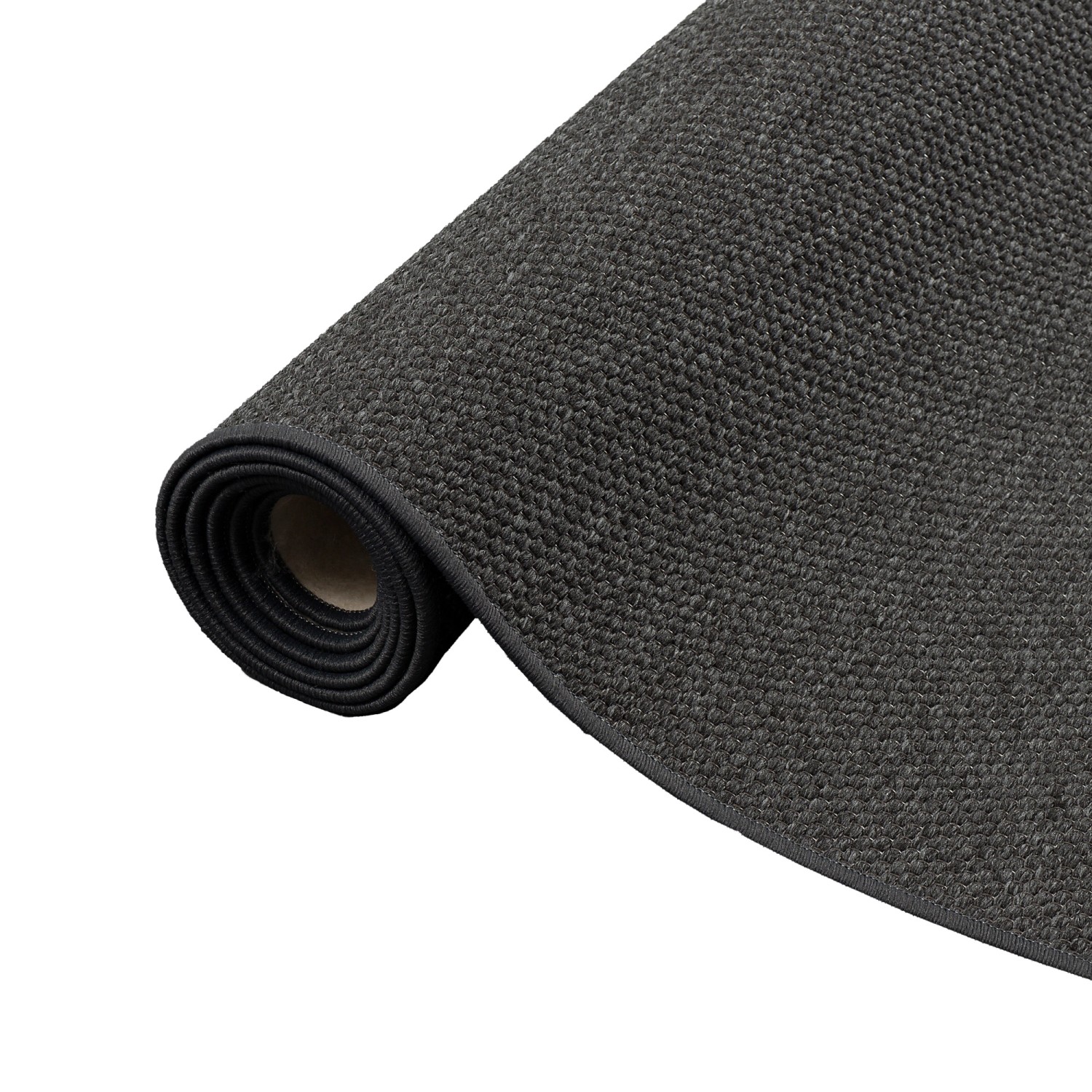 Anthrazitfarbener Snapstyle Teppich Bentzon, ein Kurzflorteppich (80x240cm), gerollt.