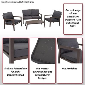 Modernes 4-teiliges Gartenlounge-Set in Grau mit 2 Sesseln, Sofa, Tisch und dicken, wasserabweisenden Polstern.
