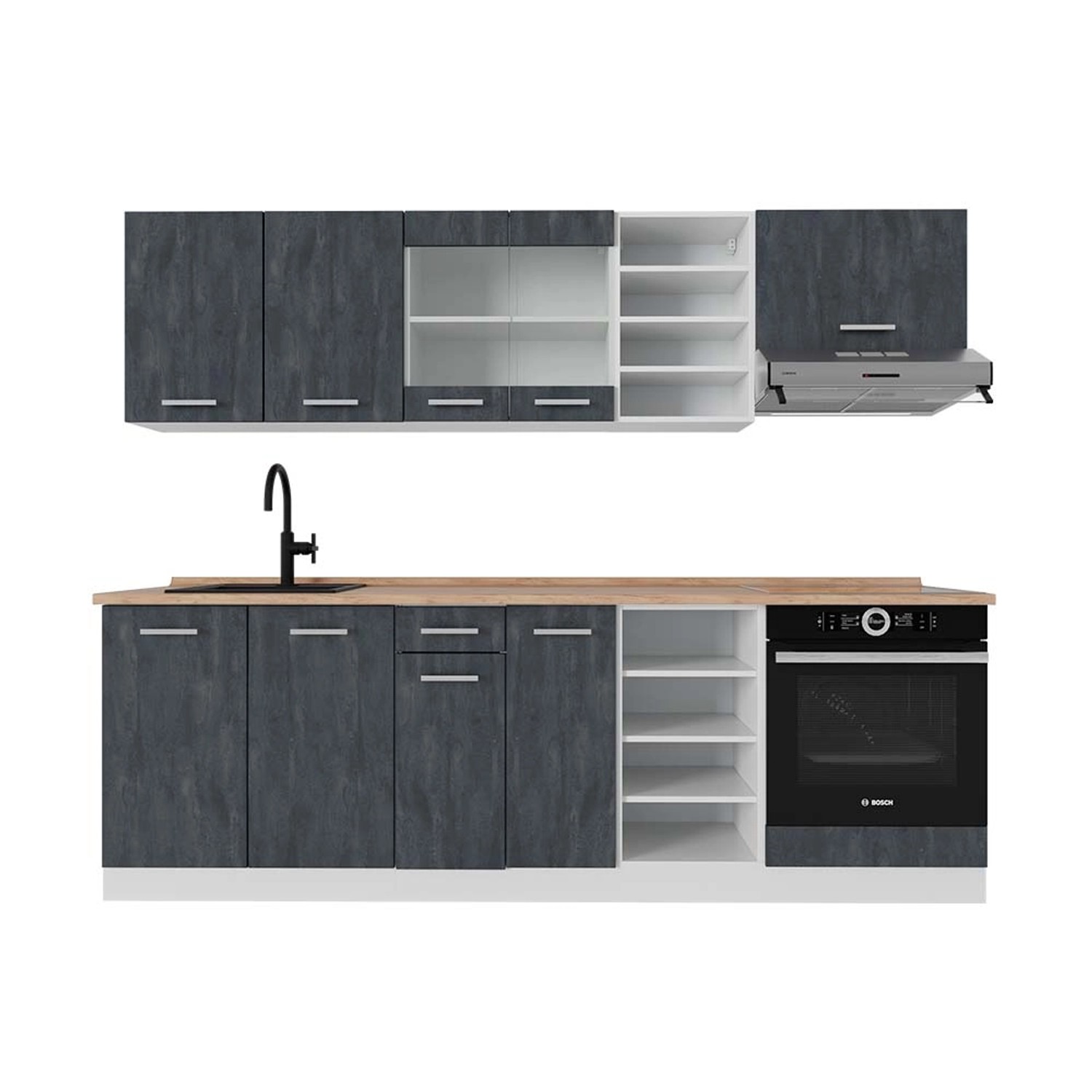 Vicco R-Line Komplettküche Schwarz Beton/Weiß 240 cm AP Eiche günstig online kaufen