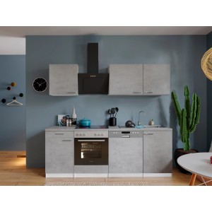 Respekta Küchenblock Malia 220 cm in Betonoptik mit E-Geräten: Herd, Kochfeld, Dunstabzugshaube und Geschirrspüler.