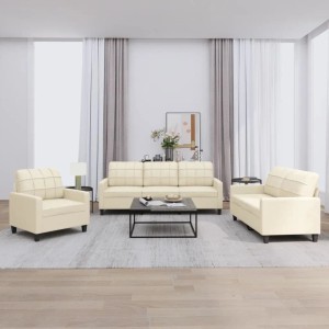 vidaXL 3-Tlg Sofagarnitur mit Kissen Creme Kunstleder 3201339
