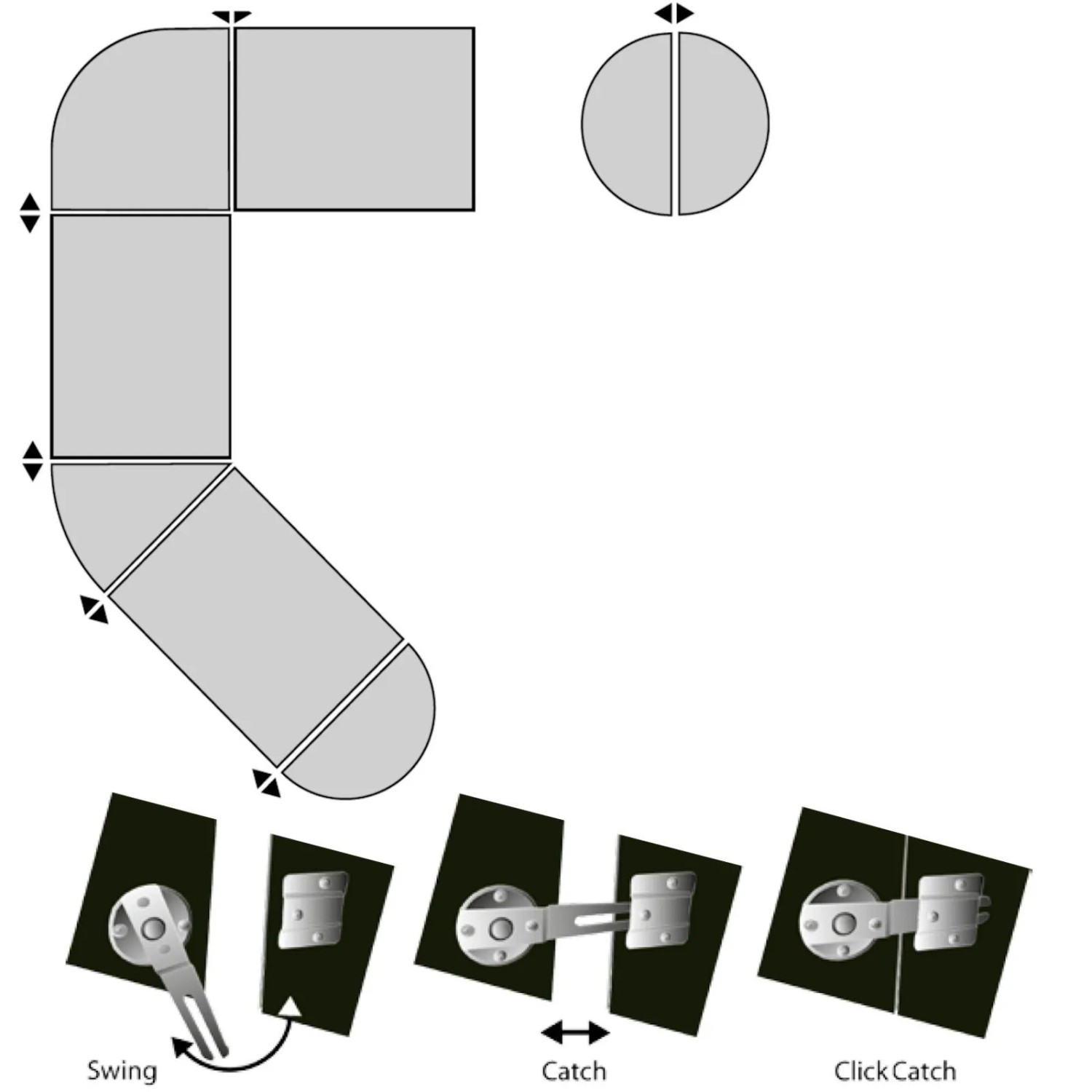 SOTECH CLICK CATCH Tischverbinder: Funktionsdiagramm zur Verbindung von Tischen, Stühlen, Sofas. Zeigt Einrastmechanismus.