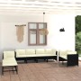 Schwarzes 10-tlg. vidaXL Garten-Lounge-Set aus Rattan mit cremeweißen Kissen.