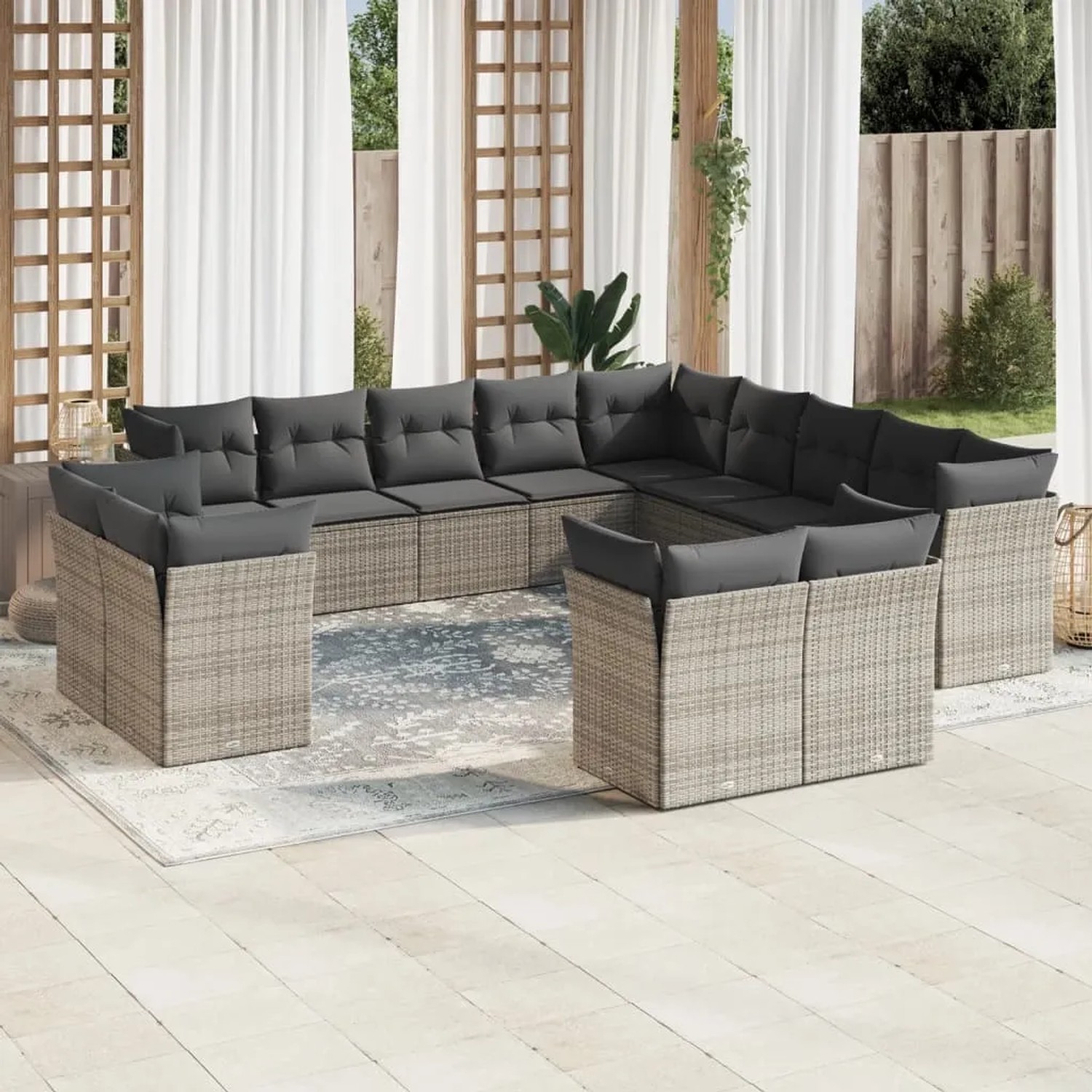 Graue 13-tlg. vidaXL Garten-Sofagarnitur aus Polyrattan mit Kissen, Modell 9. Gartenmöbel für Terrasse und Garten.
