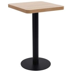 Quadratischer Bistrotisch, hellbraune MDF-Platte, schwarzes Stahlgestell, 50x50 cm.