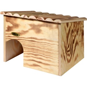 Geflammtes Igelhaus aus Kiefernholz mit Labyrintheingang, geeignet als Winterquartier für Igel.