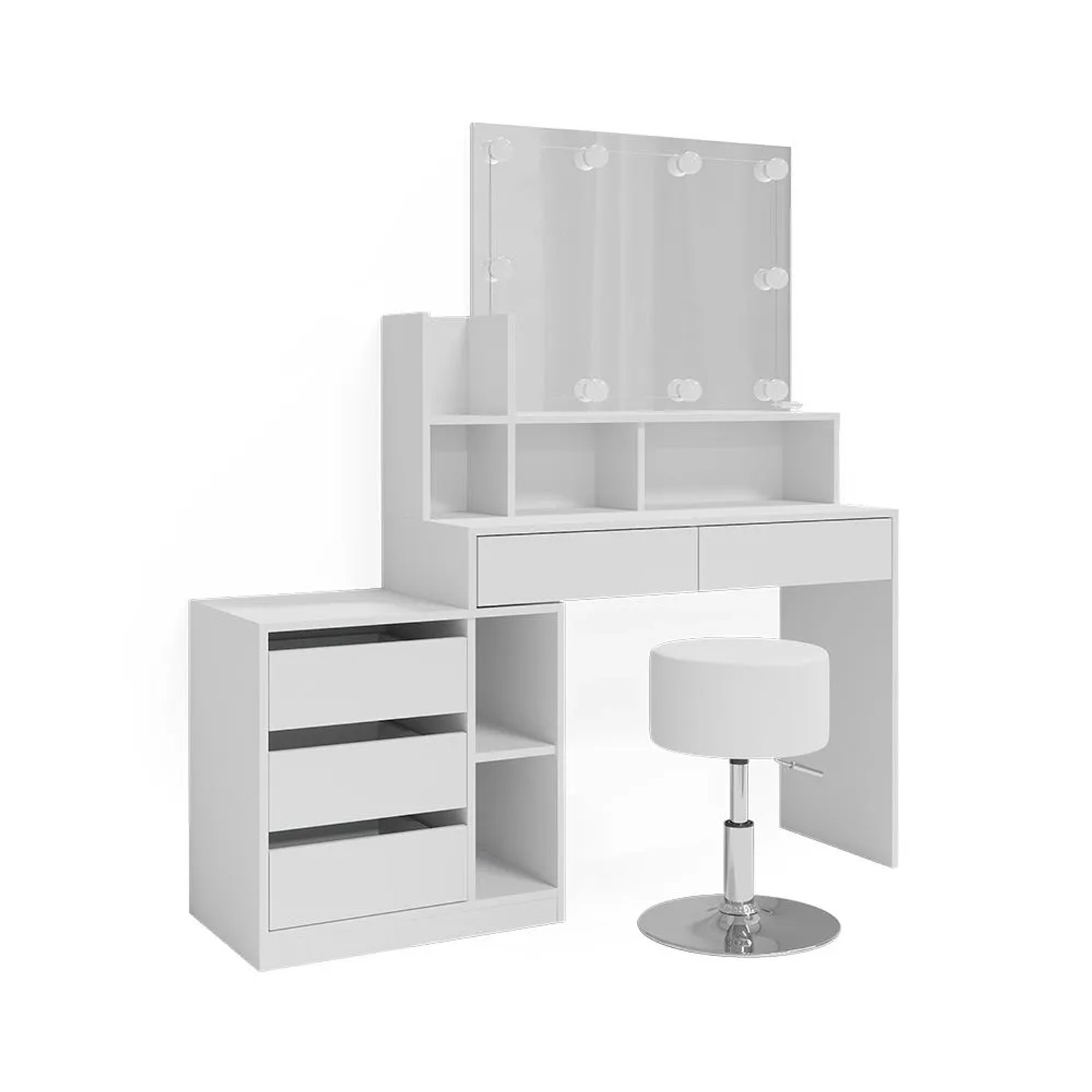 Vicco Schminktisch Anja Weiß 140 x 115 mit Spiegel, LED-Lichterkette und Hocker