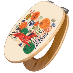 Banjado WC-Sitz aus Bambus mit rotem Pferde-Motiv und Absenkautomatik.