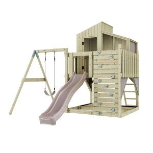 Kinderschaukel Lotta altrosa: Spielturm mit Rutsche, Schaukel und Kletterwand aus Holz.