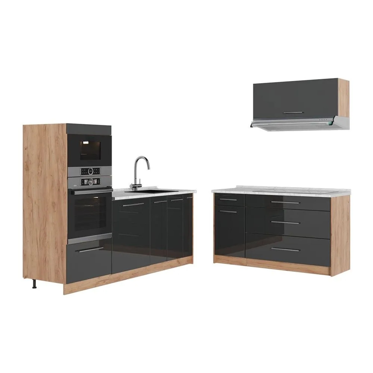 Vicco Küchenzeile Fame-Line Anthrazit Hochglanz/Goldkraft Eiche 340 x 154 AP Marmor Art Nr 63891