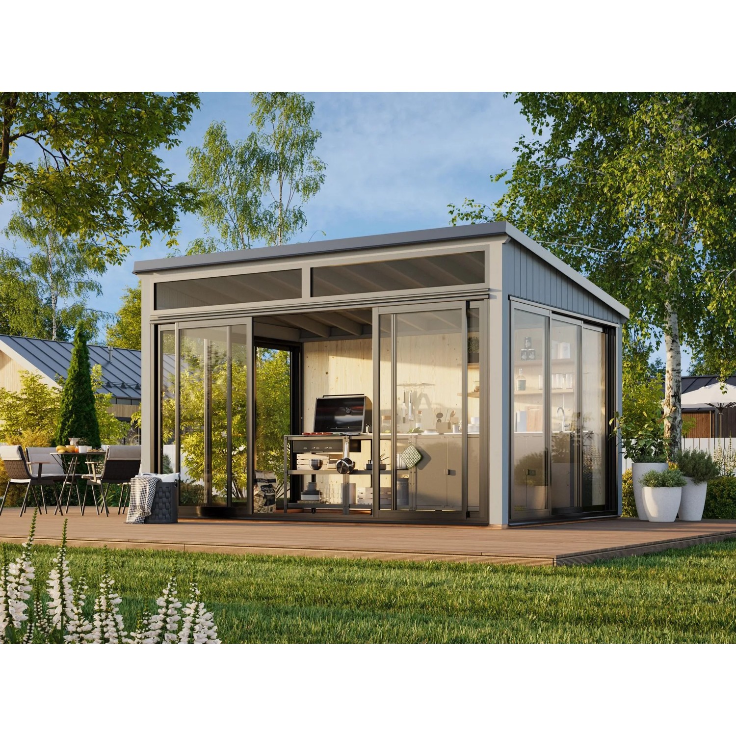 Palmako Holz-Gartenhaus Saga Slide Plus Pultdach Lackiert 420 cm x 297 cm