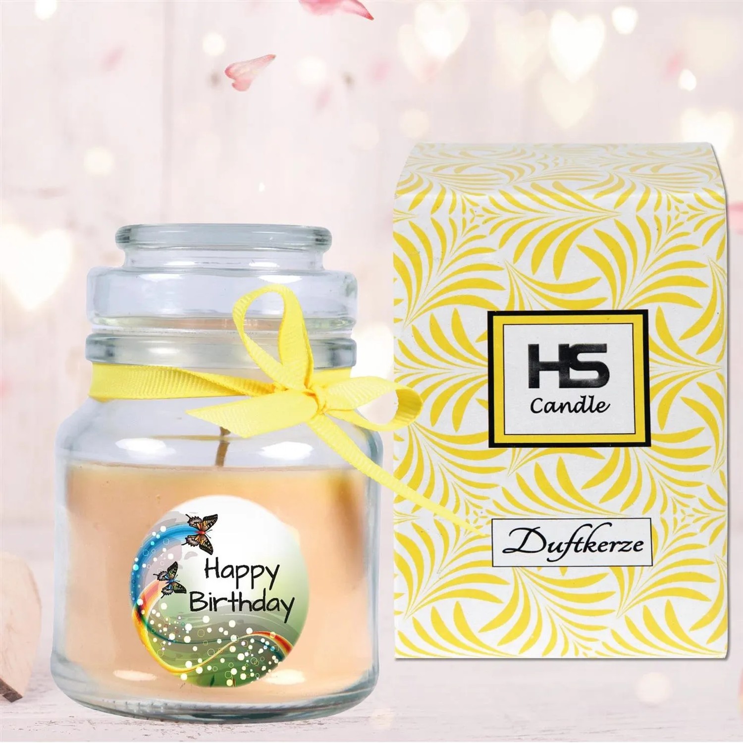 HS Candle Duftkerze Happy Birthday im Glas mit Schleife und Geschenkverpackung.