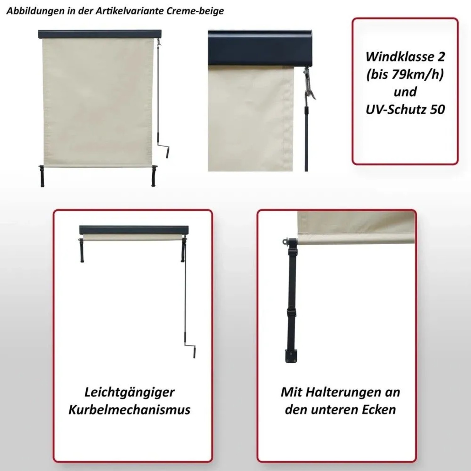 Creme-beige Vertikalmarkise mit Kurbel, UV-Schutz 50 und Windklasse 2. Für Fenster & Balkon, mit unteren Halterungen.