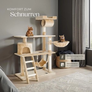 Beiger Tectake Kratzbaum Marcel, 141 cm hoch, mit Sisal, Liegemulde, Hängematte und Katzen