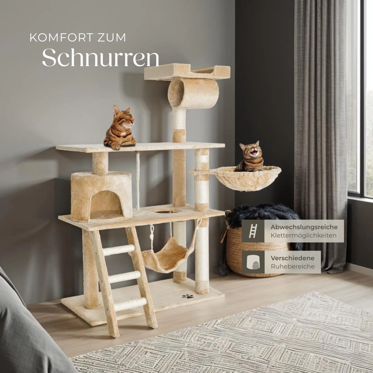 Beiger Tectake Kratzbaum Marcel, 141 cm hoch, mit Sisal, Liegemulde, Hängematte und Katzen