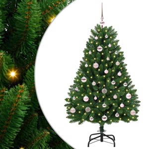 Geschmückter, grüner, künstlicher Weihnachtsbaum (120 cm) mit LED-Lichtern und Kugeln.
