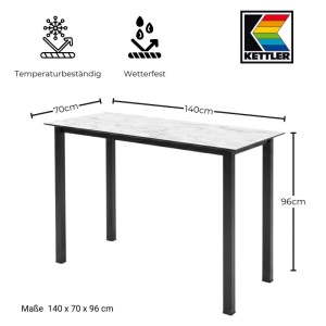 Kettler Bartisch Cubic, 140x70cm, Anthrazit Aluminiumgestell, weiße HPL Marmorplatte. Ideal als Gartentisch.