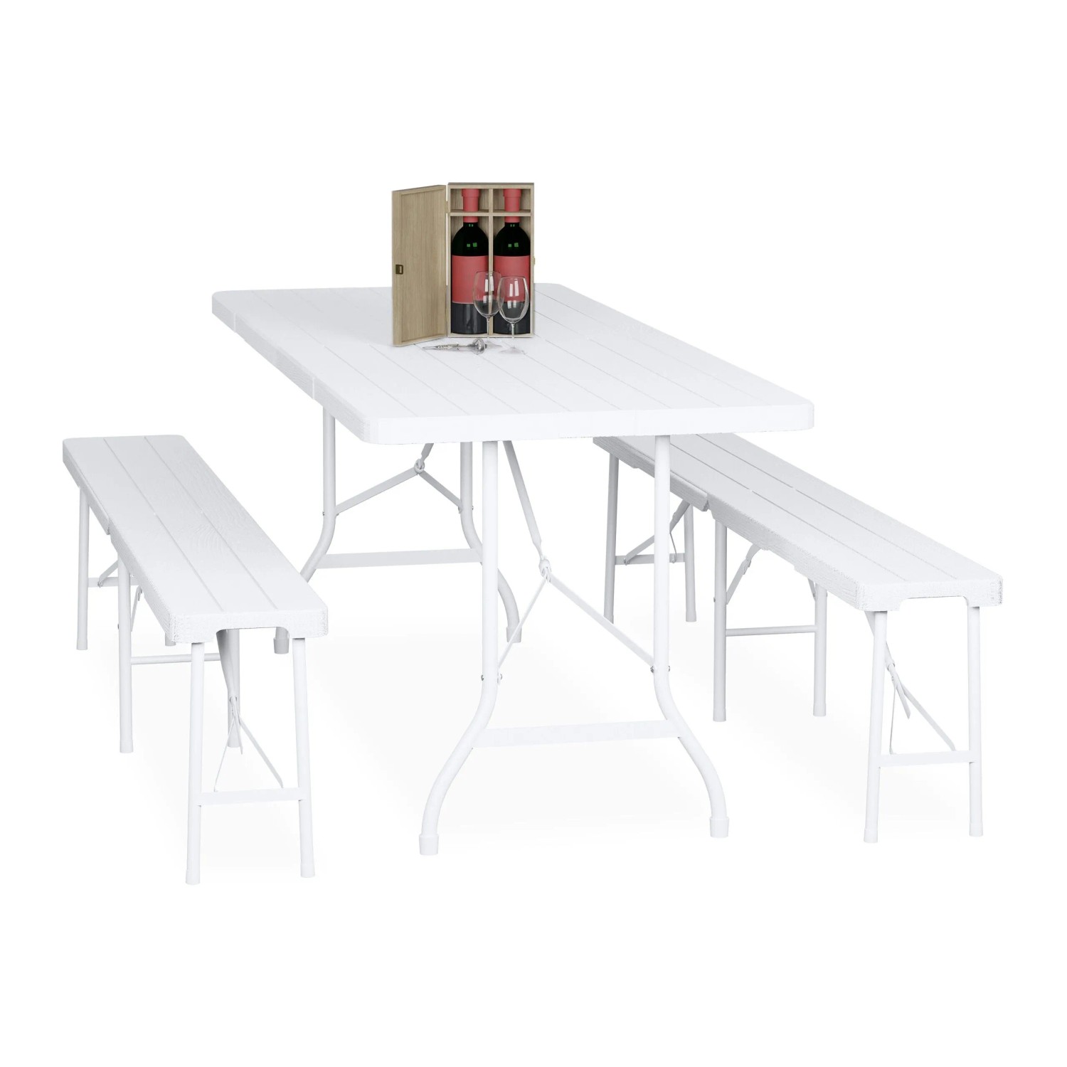 Relaxdays Bierzeltgarnitur PE-Kunststoff Stahl Weiß Klappbar 180 cm x 74 cm x 73 cm