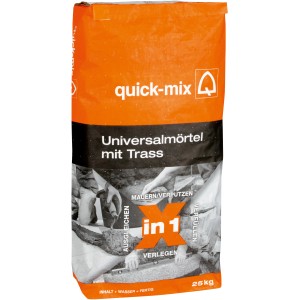 Quick-Mix Universalmörtel X in 1 mit Trass, 25 kg Sack, geeignet zum Mauern, Verputzen und Verlegen.