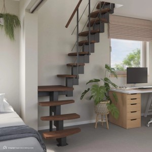 Raumspartreppe Quadro, Buche dunkel, Brillant-Schwarz, einseitiges Geländer. Mittelholmtreppe für Innenräume.