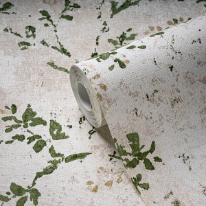 Landhaus Tapete beige-grün mit floralem Muster. Vliestapete mit Textiloptik.