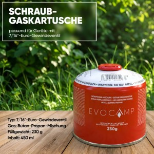 Rote Evocamp 230g Butan-Propan Schraub-Gaskartusche mit 7/16 Gewinde auf Holz für Camping und Outdoor.