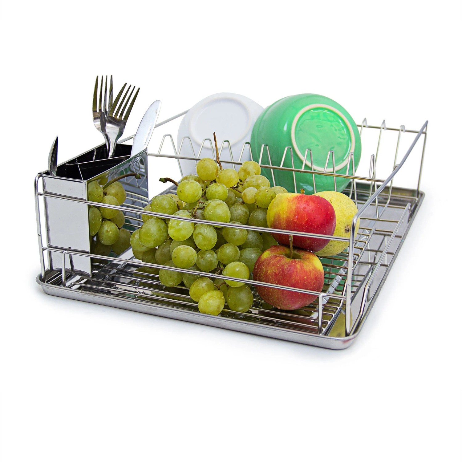 Relaxdays Abtropfgestell Metall Verchromt Silber mit Besteckkorb XL 12 cm x 48 cm x 33 cm 1,4 kg_3