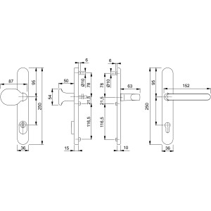 Technische Zeichnung: Hoppe Profiltür-Garnitur Luxembourg, Stahlfarben, Maße und Details der Türbeschläge.