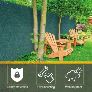 Grünes Sol Royal SG80 Schattiergewebe als Sichtschutzzaun im Garten, bietet UV-Schutz und Privatsphäre.