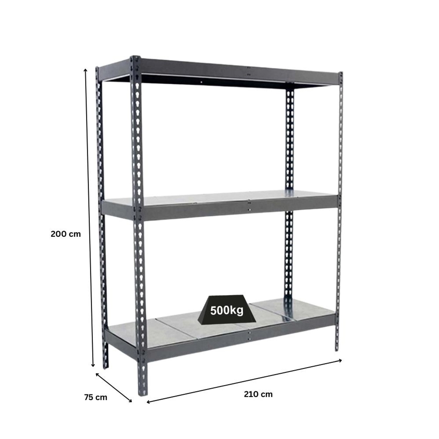 Graues PROREGAL Schwerlastregal Metal Beast Three, 200x210x75 cm, Fachlast 500 kg.