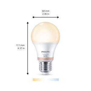 Philips Smart LED Lampe E27 in Glühlampenform, 8W, dimmbar, mit einstellbaren Weißtönen.