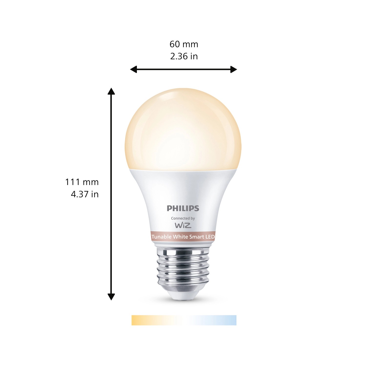 Philips Smart LED Lampe E27 in Glühlampenform, 8W, dimmbar, mit einstellbaren Weißtönen.